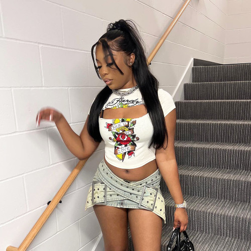 Letter Printed Women T Shirt Short Sleeve Hollow Out Crop Top 2024 Summer Outfits Y2K Streetwear Sexy Night Club Party Pullovers