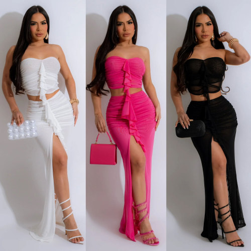 Ruffles Women Mesh 2 Piece Set Off Shoulder Crop Top High Slit Long Maxi Skirt Matching Set Summer Sexy Club Party Vestidos