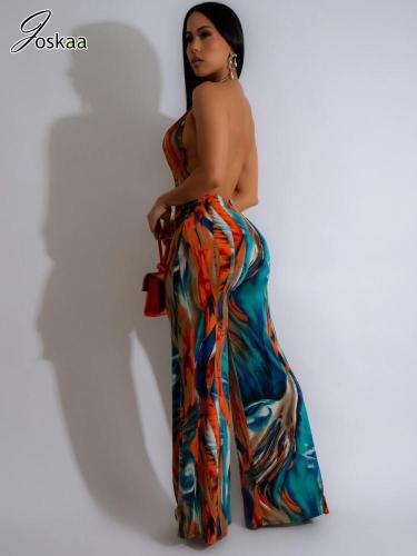 Joskaa Tie Dye Print Wide Leg Straight Jumpsuits Women Sexy Deep V-Neck Backless Bodycon One Piece Overalls Holdiay Outfits
