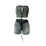 Bandage Denim Women 2 Piece Set Off Shoulder Crop Top Skinny Biker Shorts Matching Set  Summer Streetwear Club Party Outfits