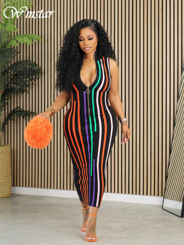 Dresses Women Party Sexy Sleeveless Striped Bodycon Fashion Zipper Maxi Long Dress Summer  Wholesale Dropshipping