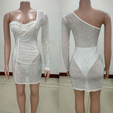 Sexy Mesh See Through Sparkly Party Dresses for Women One Shoulder Rhinestone Elegant Bodycon Dress Night Club Birthday Dress