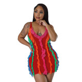 Ladies Multi-Color Three-Dimensional Striped Sleeveless Low-Cut Skinny Dress Summer Street Stunning Fashion Dress