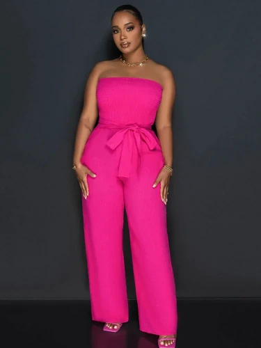 Sexy Off Shoulder Tube Strapless Jumpsuit Overalls for Women Sleeveless Elastic Straight Loose Wide Leg Romper One Piece Holiday