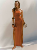 Knitted Women Long Maxi Dress Solid Halter High Slit Beach Cover Ups Summer Holiday Beach Wear Sexy Backless Outfits