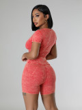 Acid Washed Women 2 Piece Set Fitness Short Sleeve Crop Top Skinny Biker Shorts Matching Set Summer New Fashion Tracksuits