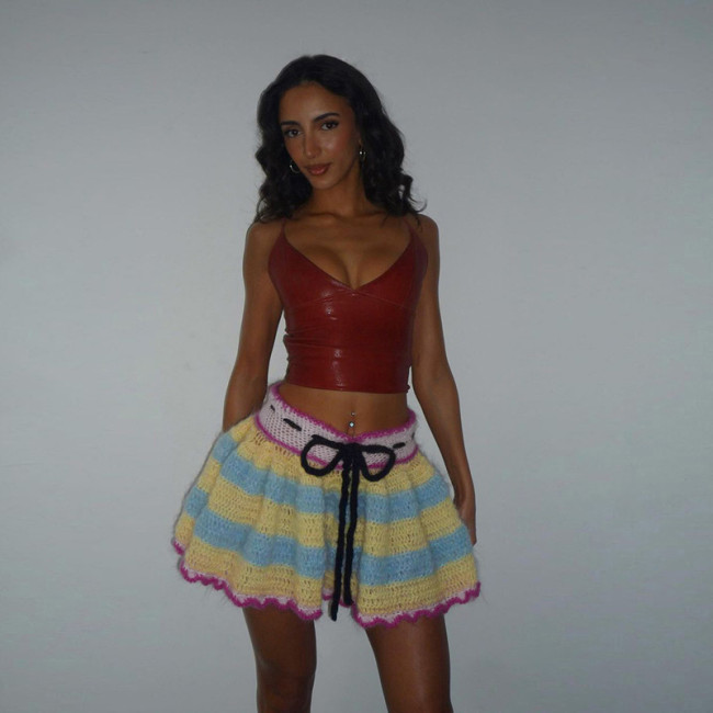 Knitted Women Mini Skirts Striped High Waist Pleated Skirts Summer Holiday Beach Sundress Sexy Night Club Party Vestidos