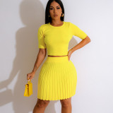 Solid Basic 2 Piece Skirt Sets Women Outfit Knit O-neck Short Sleeve Top and Pleated Mini Skirts Elegant New In Matching Sets