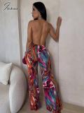 Joskaa Tie Dye Print Wide Leg Straight Jumpsuits Women Sexy Deep V-Neck Backless Bodycon One Piece Overalls Holdiay Outfits