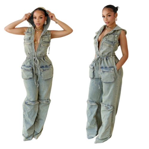 Vintage Women Cargo Jumpsuits Sleeveless Hooded Rompers Summer New Fashion Streetwear Sexy Club Party One Piece Outfits