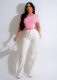 Spring Summer New O Neck Tee Tops Casual Short Sleeve Heart Print Knitted Sexy T-Shirt Clothing