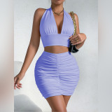 Women's Halterneck Lace-up Two-Piece Top, Short Skirt, Women's Sexy Crop Top, Pleated V-Neck, Slim Fit, Elegant