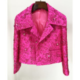 Rose Hot Pink Jacket Dress Beading Jacquard Sequins New Designer Fashion Handmade Beaded Short Sleeve Mini Dress Coat Blazer