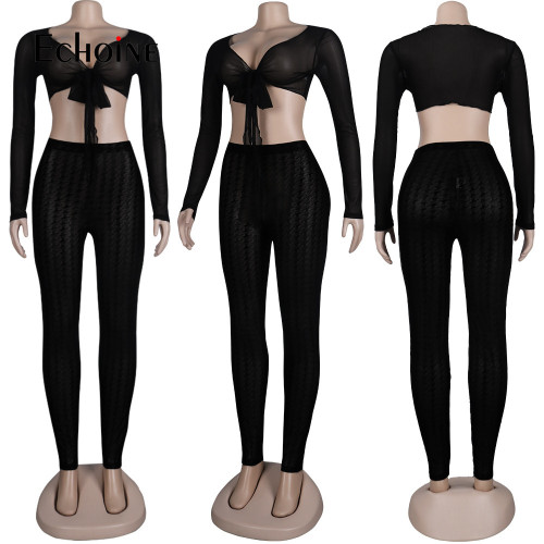 Echoine Women Solid Mesh Bandage Crop Tops And Houndstooth Pants Two 2 Piece Sets Autumn Sexy Party Night Club Tracksuit Outfits