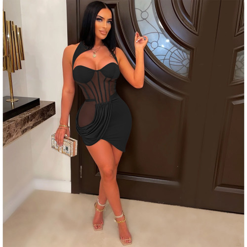 Chest Pads Bodycon Party Dress Women Sheer Mesh Sleeveless Split Dresses Sexy Club Birthday Bandage Dresses Backless  Outftis
