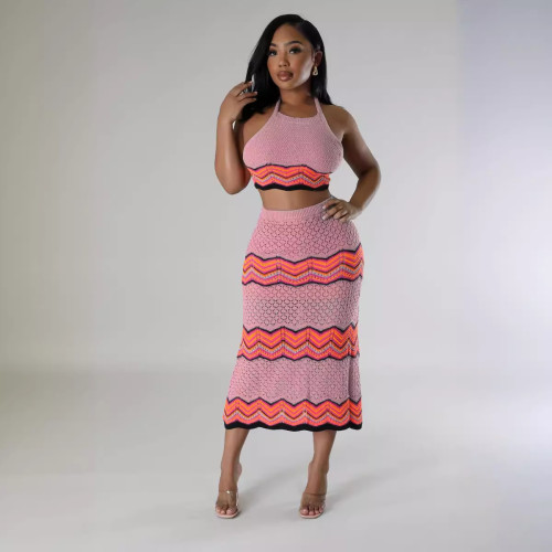 Knitted Women 2 Piece Sets Striped Halter Sleeveless Crop Top Bodycon Midi Skirts Matching Set 2024 Summer New Beach Cover Ups