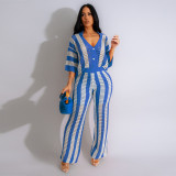 Knitted Women 2 Piece Set Striped Button Up Short Sleeve Shirts Wide Leg Pants Matching Set Summer Holiday Beach Outfits