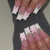 24pcs French Pink Pearl False Nails 3D Bowknot Decor Fake Nail Patch Ballet Coffin Korean Sweet Press on Nails Tips for Girls