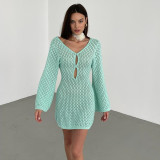 Knitted Elegant Women Long Maxi Dress Solid Long Sleeve Cover Ups Summer Holiday Beach Outfits Sexy Hollow Out Vestidos
