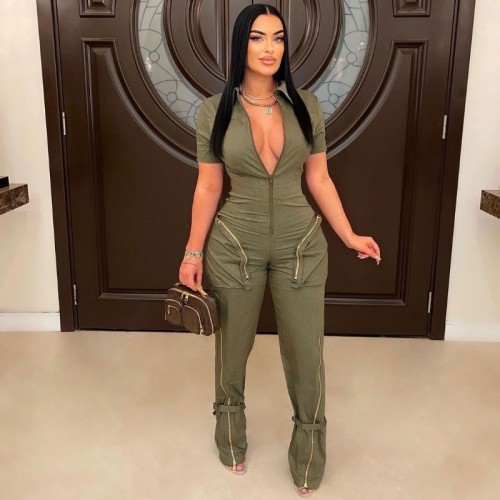 Cargo Women Rompers Solid Short Sleeve Zipper Fly Jumpsuits Summer New Popular Streetwear Elegant Femme Office Lady Outfits
