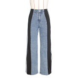 Denim Patchwork Women Pants Elegant High Waist Wide Leg Jeans Summer New Fashion Streetwear Capris Office Lady Trousers