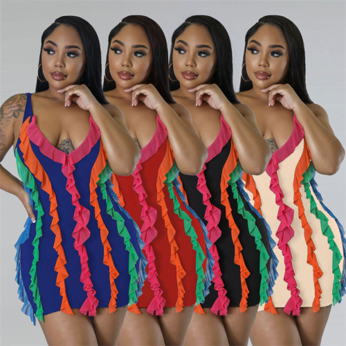 Ladies Multi-Color Three-Dimensional Striped Sleeveless Low-Cut Skinny Dress Summer Street Stunning Fashion Dress