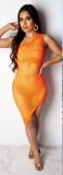 Orange Summer One Shoulder dress Sexy Women Grid Perspective Cover up Three-piece Suit Sleeveless Mesh dress BeachWear