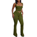 Sexy solid color small V with exposed navel and high waist, elastic solid color micro flare strap set