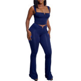 Sexy solid color small V with exposed navel and high waist, elastic solid color micro flare strap set