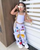 Two piece set of fashionable casual strapless cartoon printed pants for girls