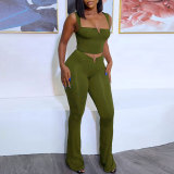 Sexy solid color small V with exposed navel and high waist, elastic solid color micro flare strap set