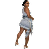 Fashionable wooden ear edge elastic washing zipper casual denim skirt set
