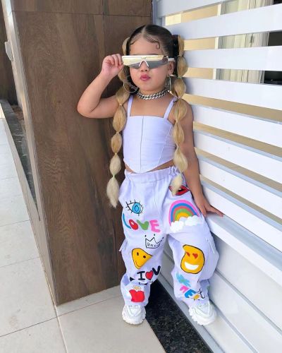 Two piece set of fashionable casual strapless cartoon printed pants for girls
