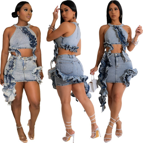 Fashionable wooden ear edge elastic washing zipper casual denim skirt set