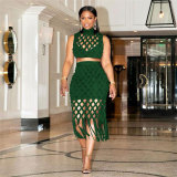 Slim fit hollow mesh tassel wrap buttocks two-piece nightclub suit