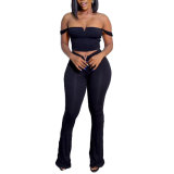 Sexy solid color small V with exposed navel and high waist, elastic solid color micro flare strap set