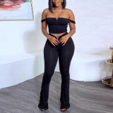 Sexy solid color small V with exposed navel and high waist, elastic solid color micro flare strap set