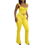 Sexy solid color small V with exposed navel and high waist, elastic solid color micro flare strap set