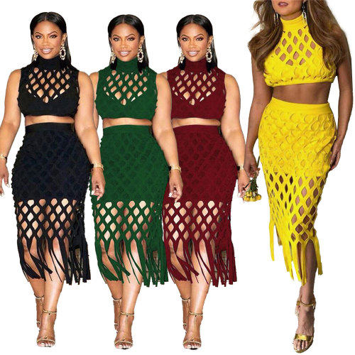 Slim fit hollow mesh tassel wrap buttocks two-piece nightclub suit