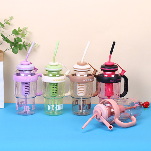 New high-capacity handle cup with high aesthetic value, summer ice cream cup, plastic straw cup, outdoor sports big belly cup