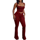 Sexy solid color small V with exposed navel and high waist, elastic solid color micro flare strap set