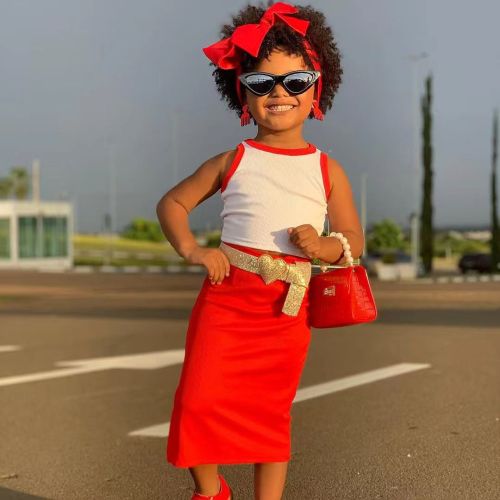 Children's clothing, European and American girls, summer new color matching vest, half skirt set, medium length straight tube skirt