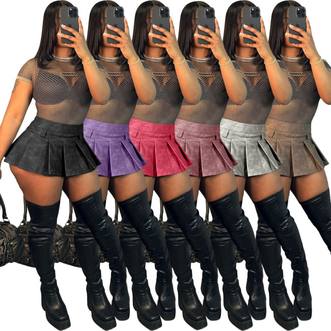 Women's leather sexy solid color zippered pleated ultra short skirt