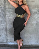 New woven belt splicing hollowed out mid length dress
