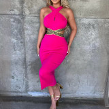 New woven belt splicing hollowed out mid length dress
