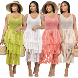 Cross border supply of European and American women's clothing, casual and fashionable round necked sleeveless knitted mesh tassel perspective dress