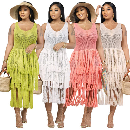 Cross border supply of European and American women's clothing, casual and fashionable round necked sleeveless knitted mesh tassel perspective dress