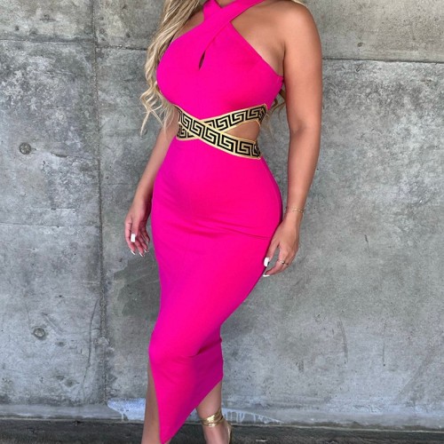 New woven belt splicing hollowed out mid length dress