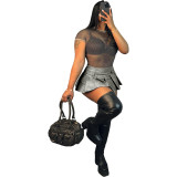 Women's leather sexy solid color zippered pleated ultra short skirt