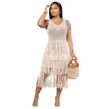 Cross border supply of European and American women's clothing, casual and fashionable round necked sleeveless knitted mesh tassel perspective dress